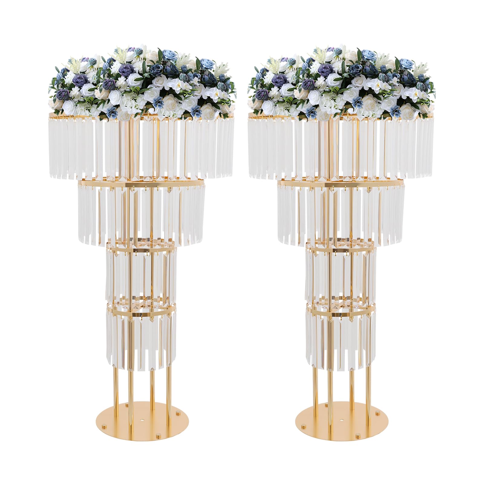 Gold Crystal Vases for Centerpieces, 2Pcs 35.43in Iron Pedestal Stands, 4 Tier Round Flower Stand, for Wedding Reception, Birthday Party Events, Home Decor