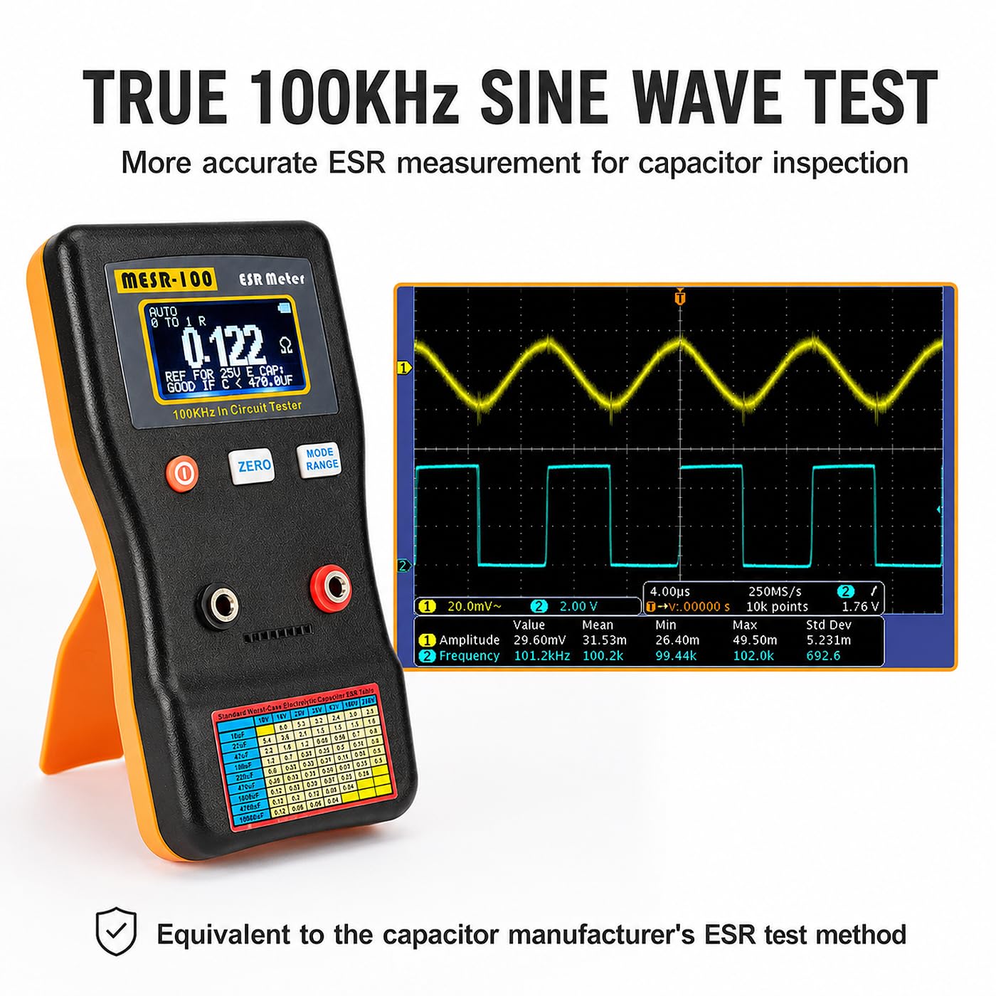 MESR-100 Digitales ESR Messgerät, Automatische Bereichswahl 0,001R Bis 100R Schaltung Widerstand/Kapazitätstester Ohmmeter Hintergrundbeleuchtung Doppelanschluss, Für Reparatur Tv/Lcd/Audioplatine