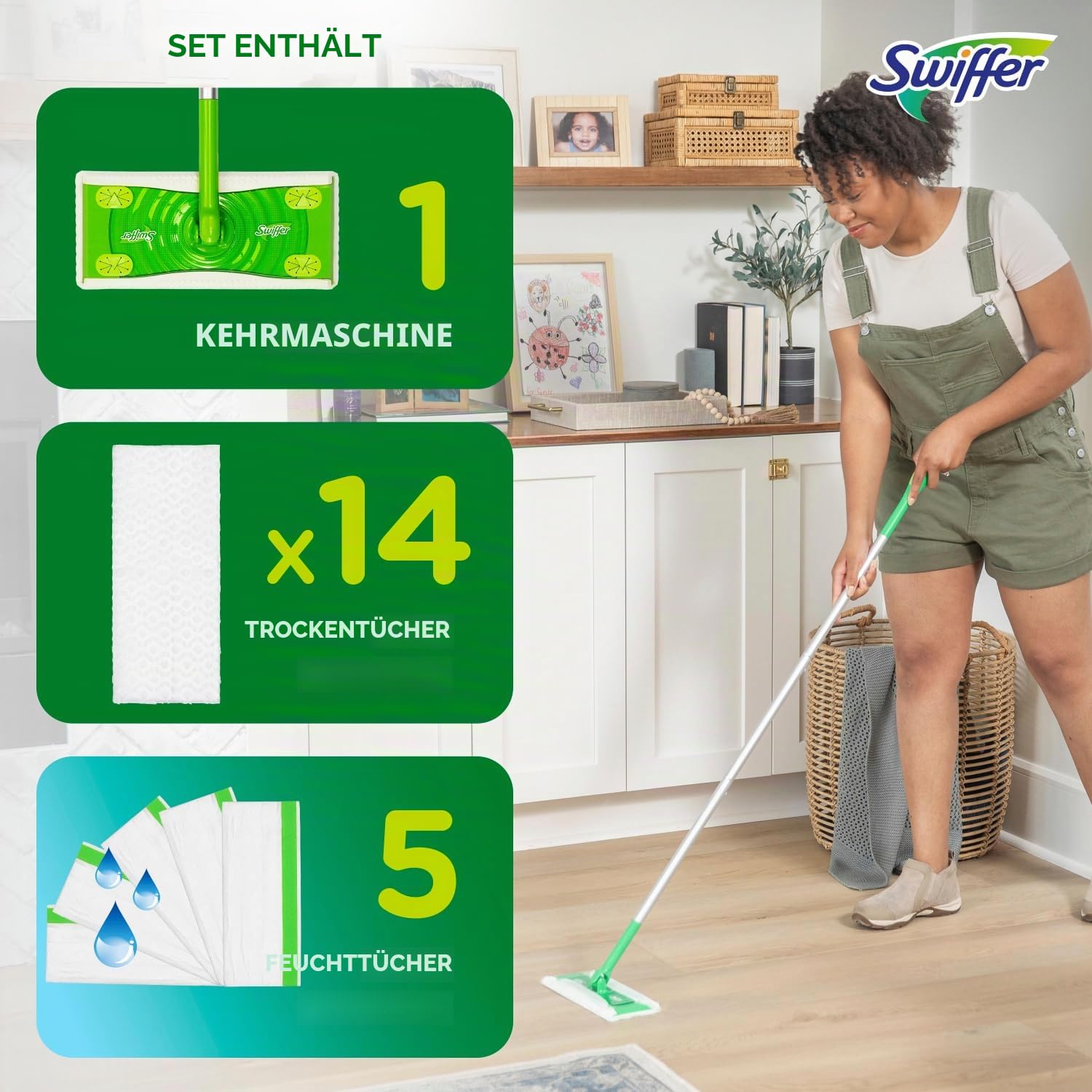 Swiffer Sweeper Trocken und Nass, Allzweck-Bodenwisch- und Reinigungs-Starter-Set mit strapazierfähigen Tüchern, enthält: 1 Bodenwischer, 19 Nachfülltücher