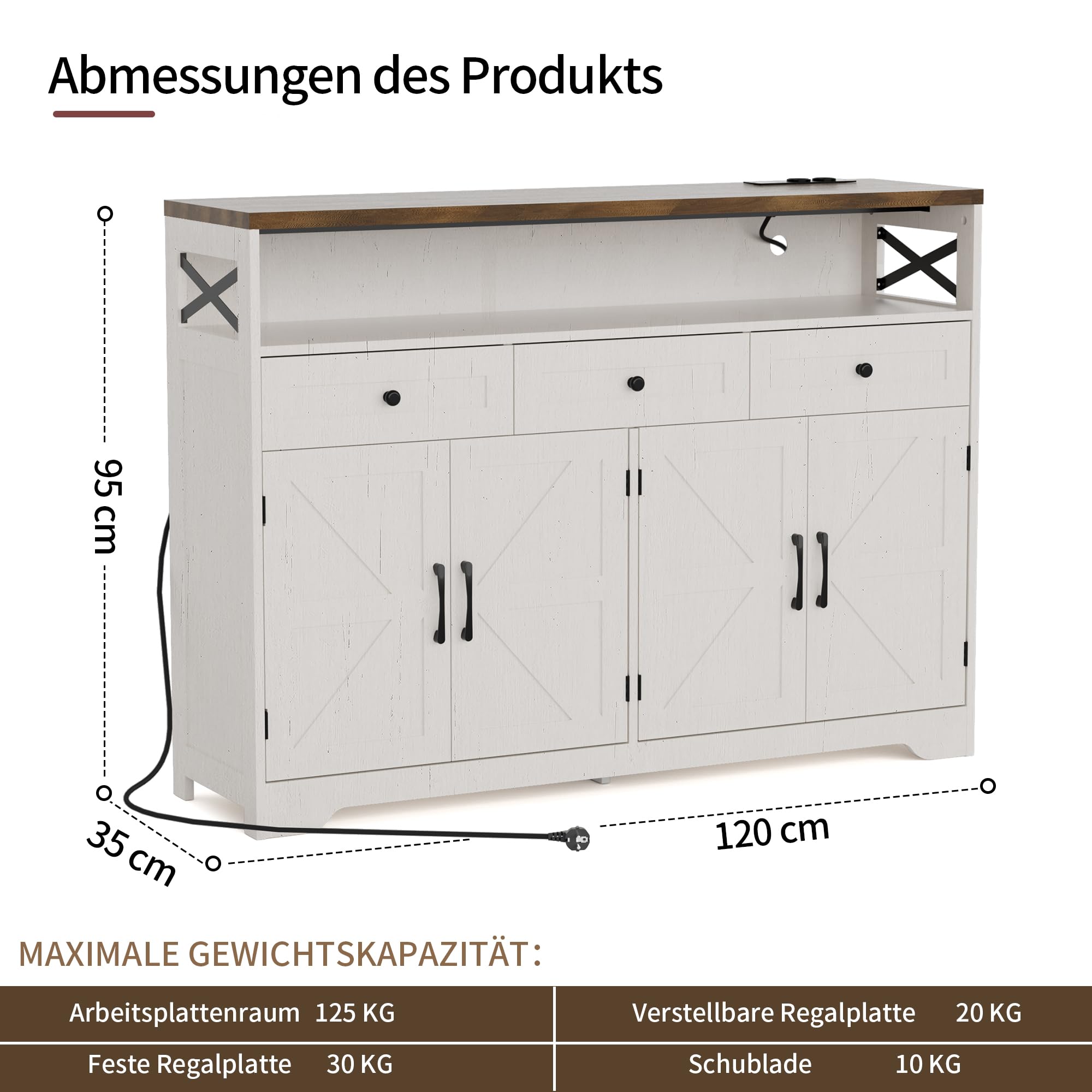 BonVache Sideboard, Küchenschrank mit Schubladen, Aufbewahrungsschrank, Anrichte mit Offenem Regal, Kaffeebar Schrank für Küche, Esszimmer, Wohnzimmer, 130 x 35 x 95cm, Cremeweiß in Holzoptik