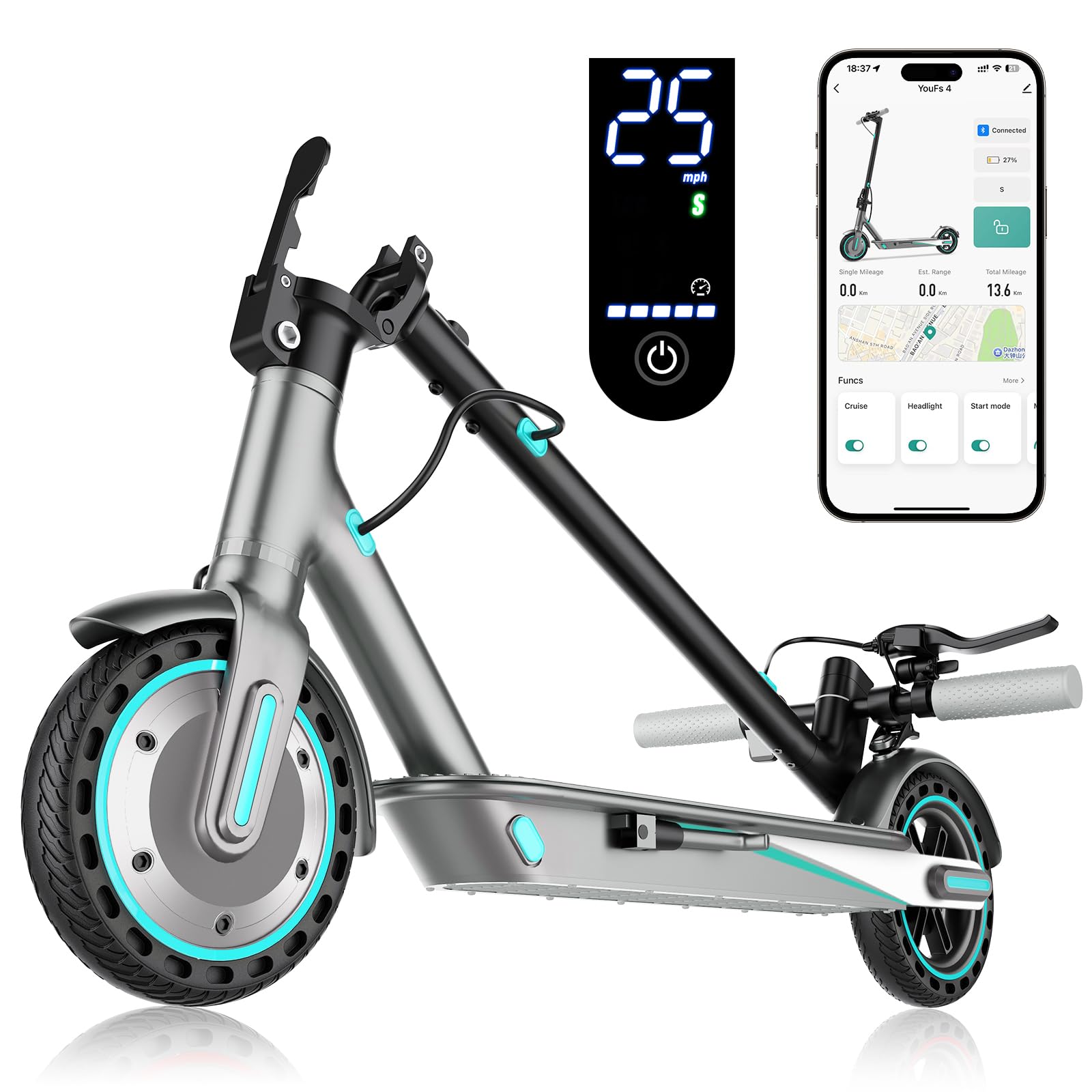 Monopattino Elettrico per Adulti, Pneumatici 10", Motore Potente 350W, Autonomia fino a 36 km, Velocità Massima 25 km/h, Doppio Sistema di Illuminazione e Freni a Tamburo, Controllo via App Smart