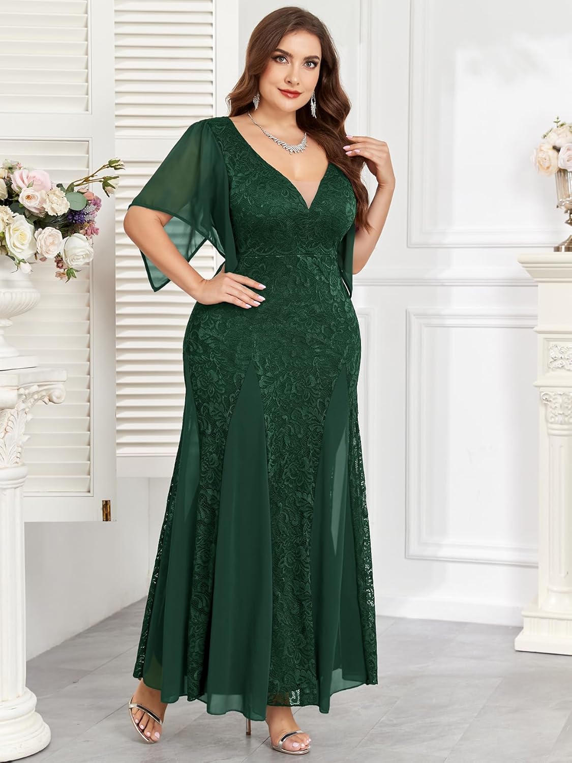 Plus Size Wedding Guest Dress Chiffon Lace Evening Gown with Handkerchief Sleeves Cocktail Party Maxi Dress - Image 2