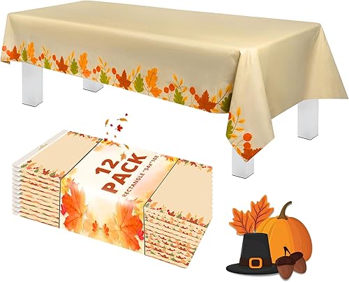 Grandipity Acción de Gracias Beige Otoño - Paquete de 12 manteles de plástico desechables de calidad prémium, 54 x 108 pulgadas, mantel rectangular