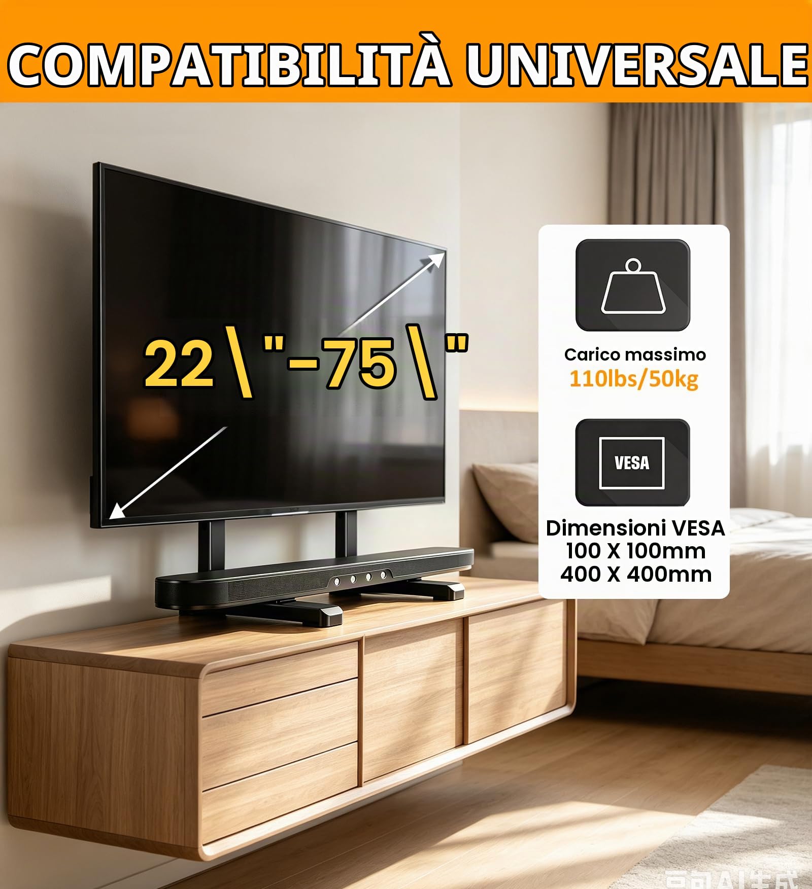 Hemudu Supporto Piedistallo TV per Televisori da 22-75 pollici LED OLED TV | Supporto TV da Tavolo Altezza Regolabile fino a 50kg, MAX VESA 400x400mm, HT12B-001E