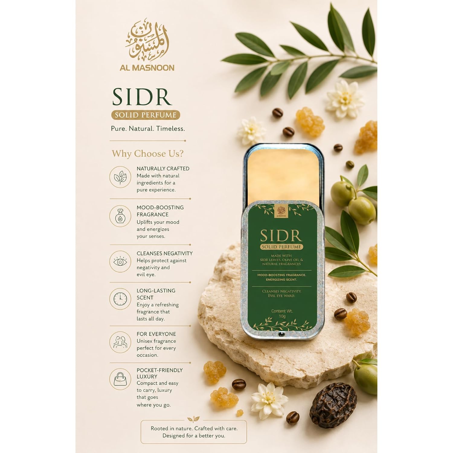 Sidr Solid Perfume 10g Pack | Natural Mood-Boosting & Energizing Scent with Sidr Leaves, Olive Oil, and Uplifting Fragrances | Ideal for Ruqaya and Enhancing Well-Being