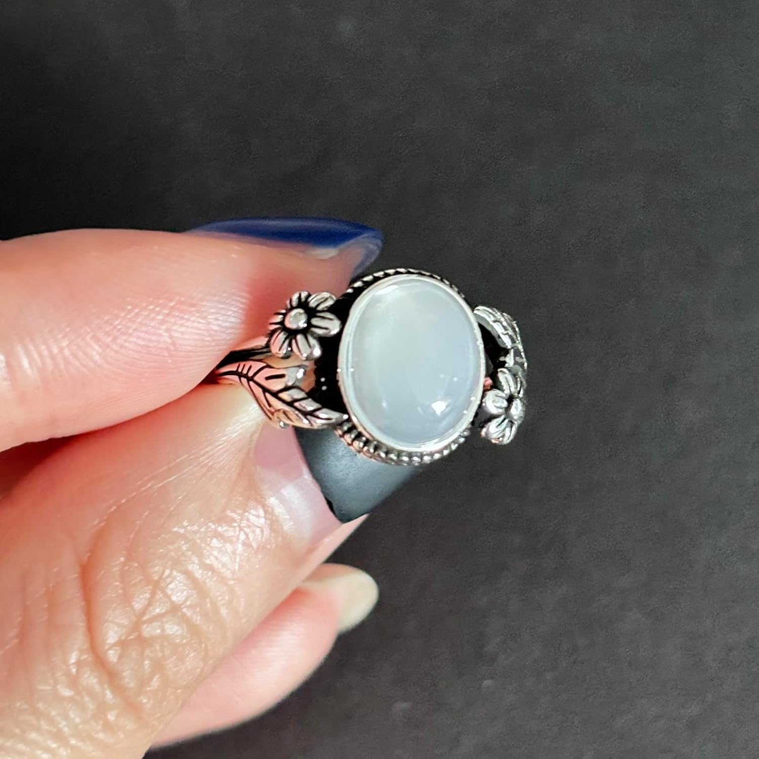Oval White Jade Statement Rings for Women Vintage Thai Silver Opening Moonstone Flower Rings - Image 4