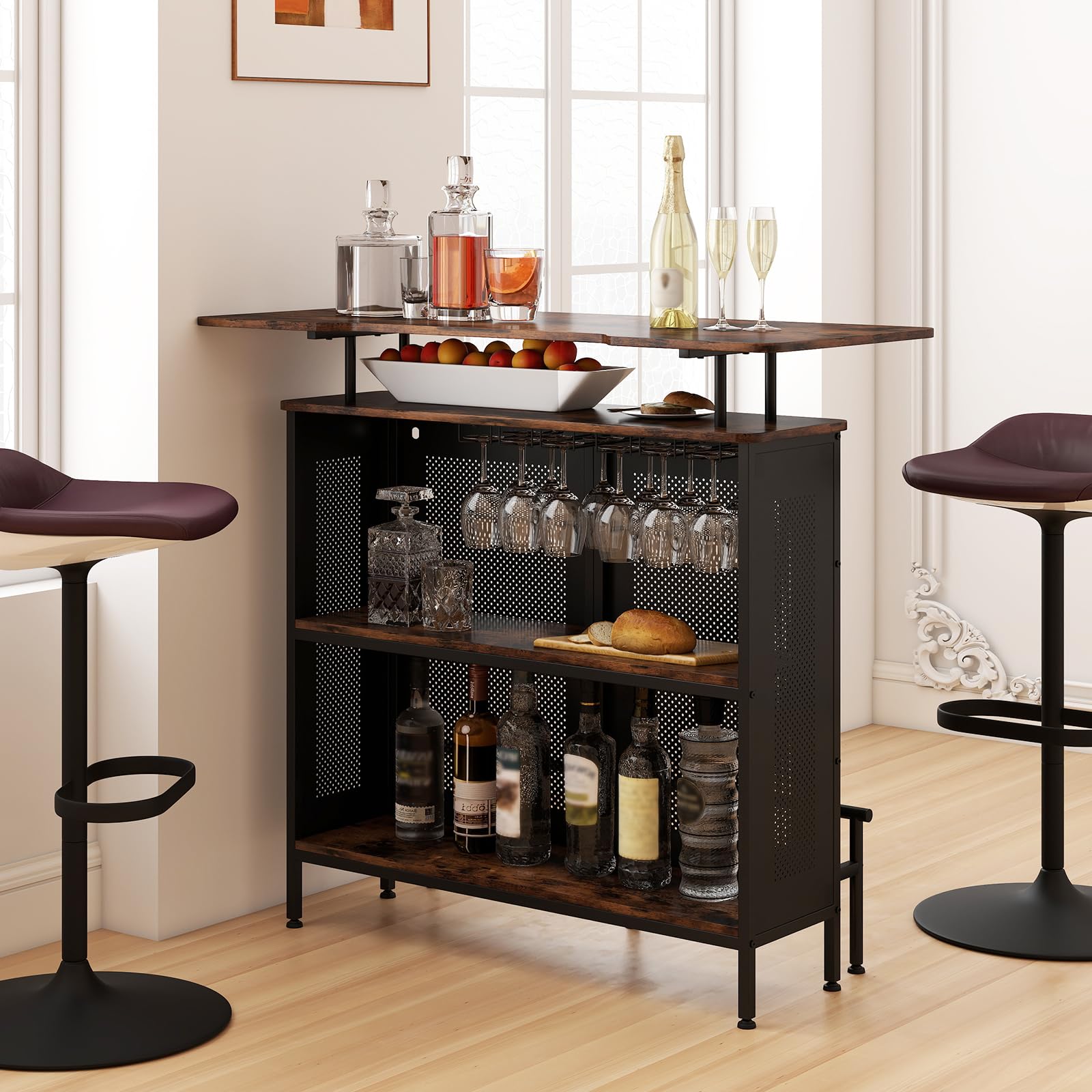 KOMFOTTEU Table de Bar avec 1 Étagère surélevée et 6 Porte-gobelets, Table à Vin à 4 Niveaux, Tables pour Boire Cuisine, Repose-Pieds, Style Industrielle, noir, 120 x 50 x 106,5 cm (Rectangulaire 2.0)