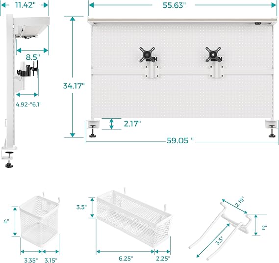 EUREKA ERGONOMIC Desk Pegboard with Dual Monitor Stands, LED Metal Pegboard for Gaming Desk, Privacy Panel with 4 Accessories Modular Hanging, Computer Accessories for Office, 59 x 34 Inch, White