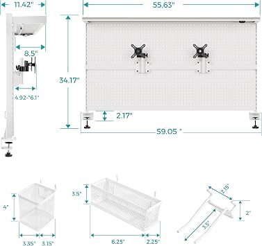 EUREKA ERGONOMIC Desk Pegboard with Dual Monitor Stands, LED Metal Pegboard for Gaming Desk, Privacy Panel with 4 Accessories Modular Hanging, Computer Accessories for Office, 59 x 34 Inch, White