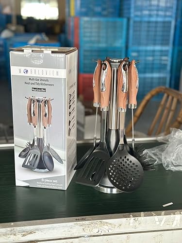 Miniatura 4 de Juego de utensilios de cocina de 6 piezas con soporte giratorio de acero inoxidable, herramientas de cocina antiadherentes con asas ergonómicas de