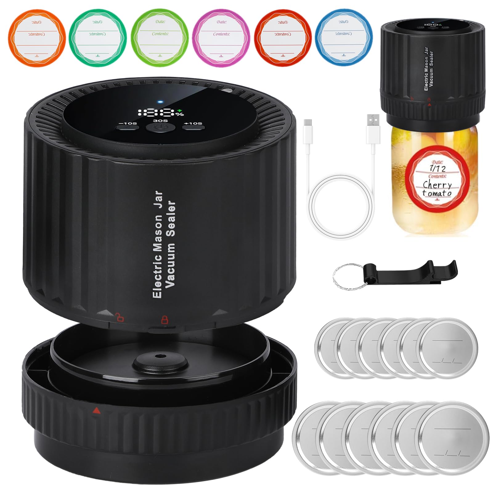 Electric Mason Jar Vacuum Sealer Kit, Cordless Vacuum Sealer for Wide Mouth and Regular Mouth Mason Jar, with Can Opener, Lids and Labels, Suitable for Food Saver and Fermentation