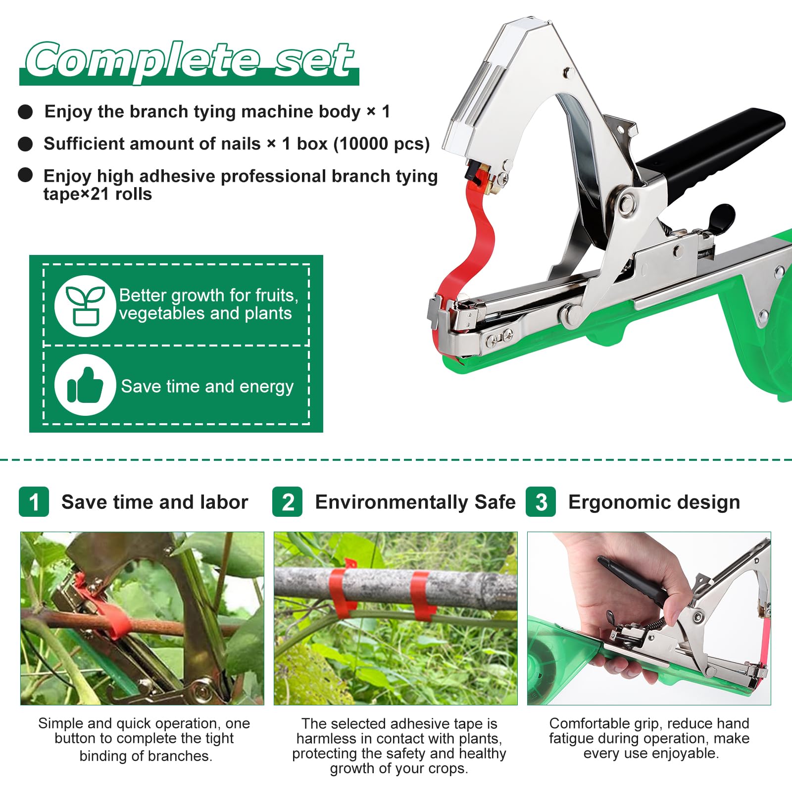 Machine à Attacher Les Plantes, Machine à Taper Nouer Branches, Outil Jardinage Machine à Attacher, Machine à Nouer Les Plantes, Pince à Lier, 20 Rouleaux Ruban Adhésif+10000 Agrafes, Vert