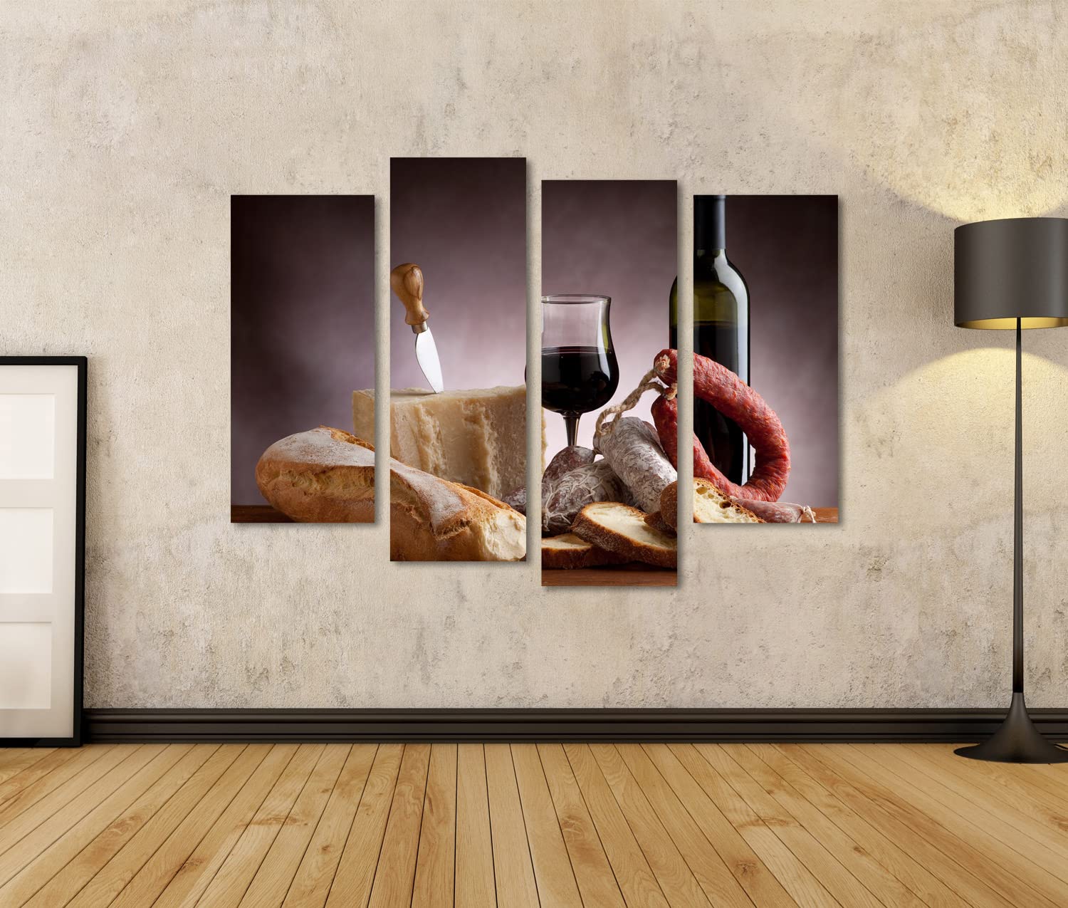 islandburner Bild auf Leinwand Stilleben Wein Käse Brot Wurst Stimmungsvoll Für Liebhaber Küche Küchenbilder Leinwandbild Wandbild Prime Bilder für Wohnzimmer etc.