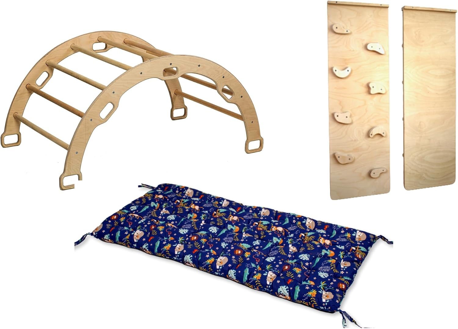 Climbing Arch with Pillow | Montessori Wooden Rocker Arch | Rocker with Ramp & Pillow | Wooden Climbing Arch with Cushion | Indoor Montessori Playground Set (Jungle)