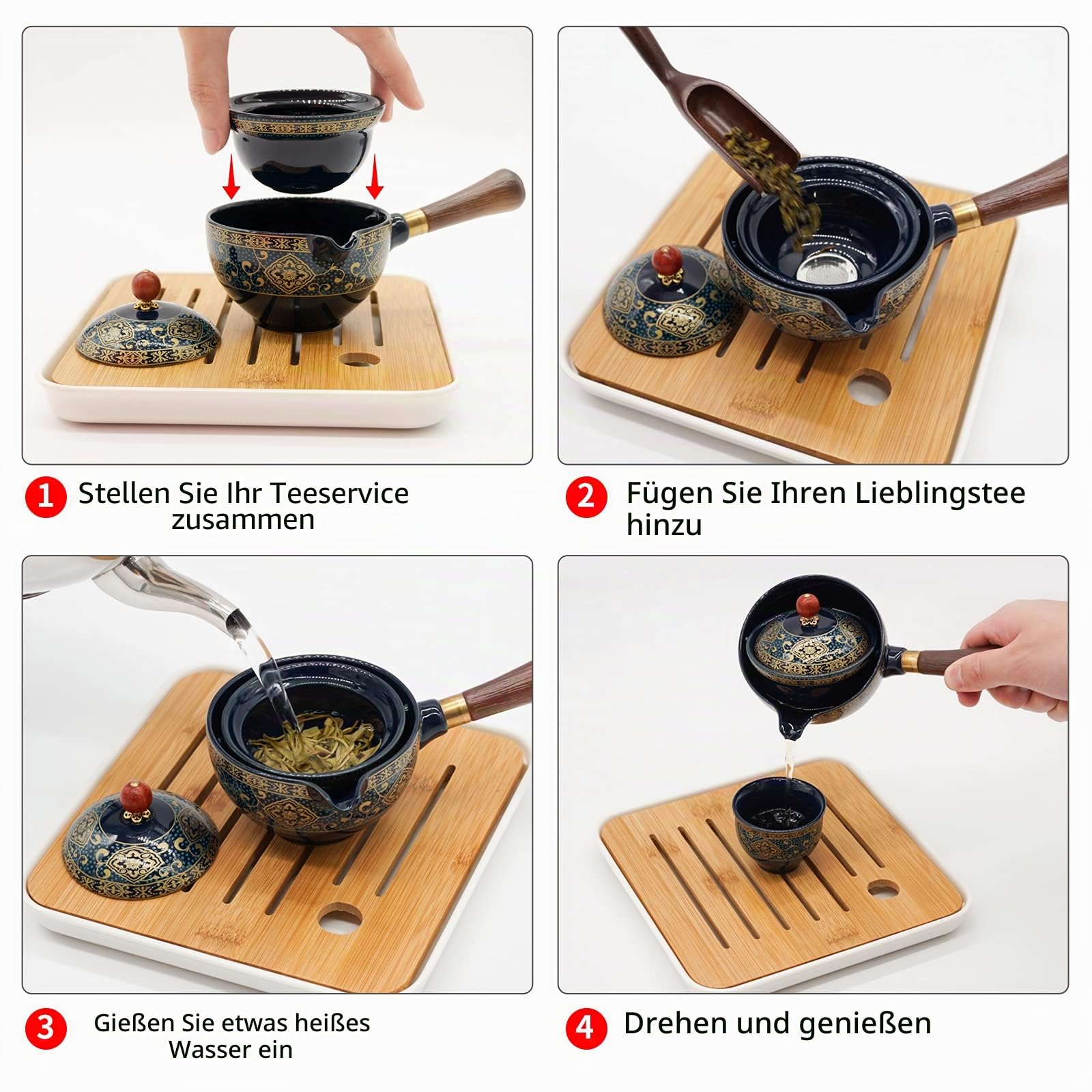 LURRIER Chinesisches Gongfu-Tee-Set, aus Porzellan, tragbares Teekannen-Set mit 360 Grad drehbarer Teebereiter und Teesieb, tragbare All-in-One-Geschenktüte für Reisen, Zuhause, Geschenk, Outdoor und
