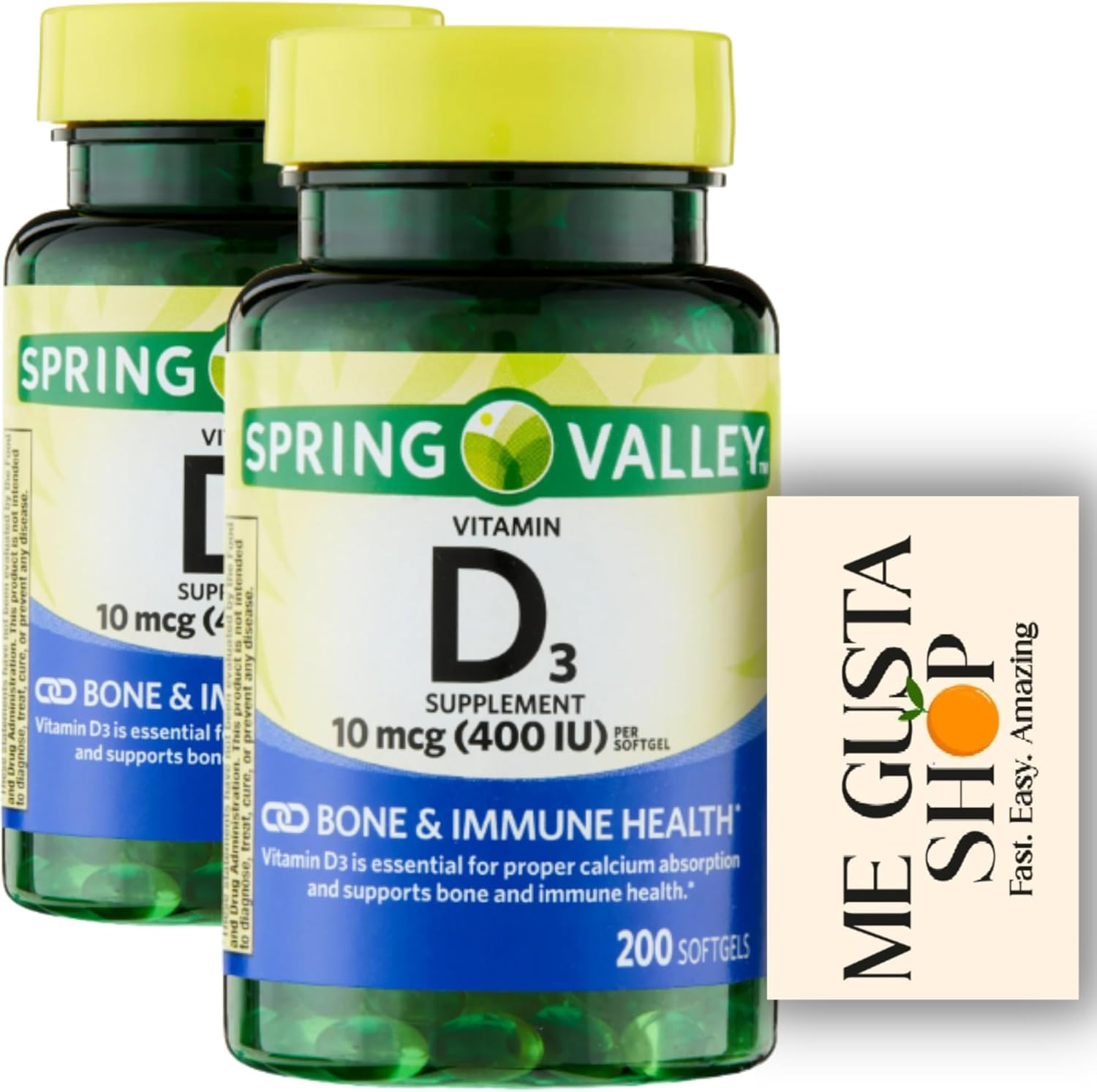 Spring Valley Vitamin D3 softgel, 10 mcg (400 IU), 200 Count Pack of 2 (400 Total) + Me gustas Sticker