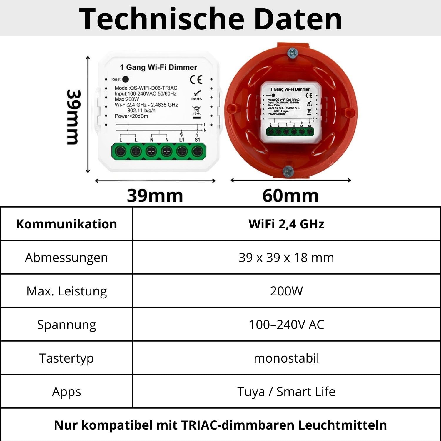 Sone Smart One Tuya Smart Life - Dimmer Wi-Fi da incasso, 150 W | Dimmer WiFi, interruttore dimmer, LED 150 W, Alexa, Tuya Smart Life, Triac, da incasso, interruttore della luce, alogeno