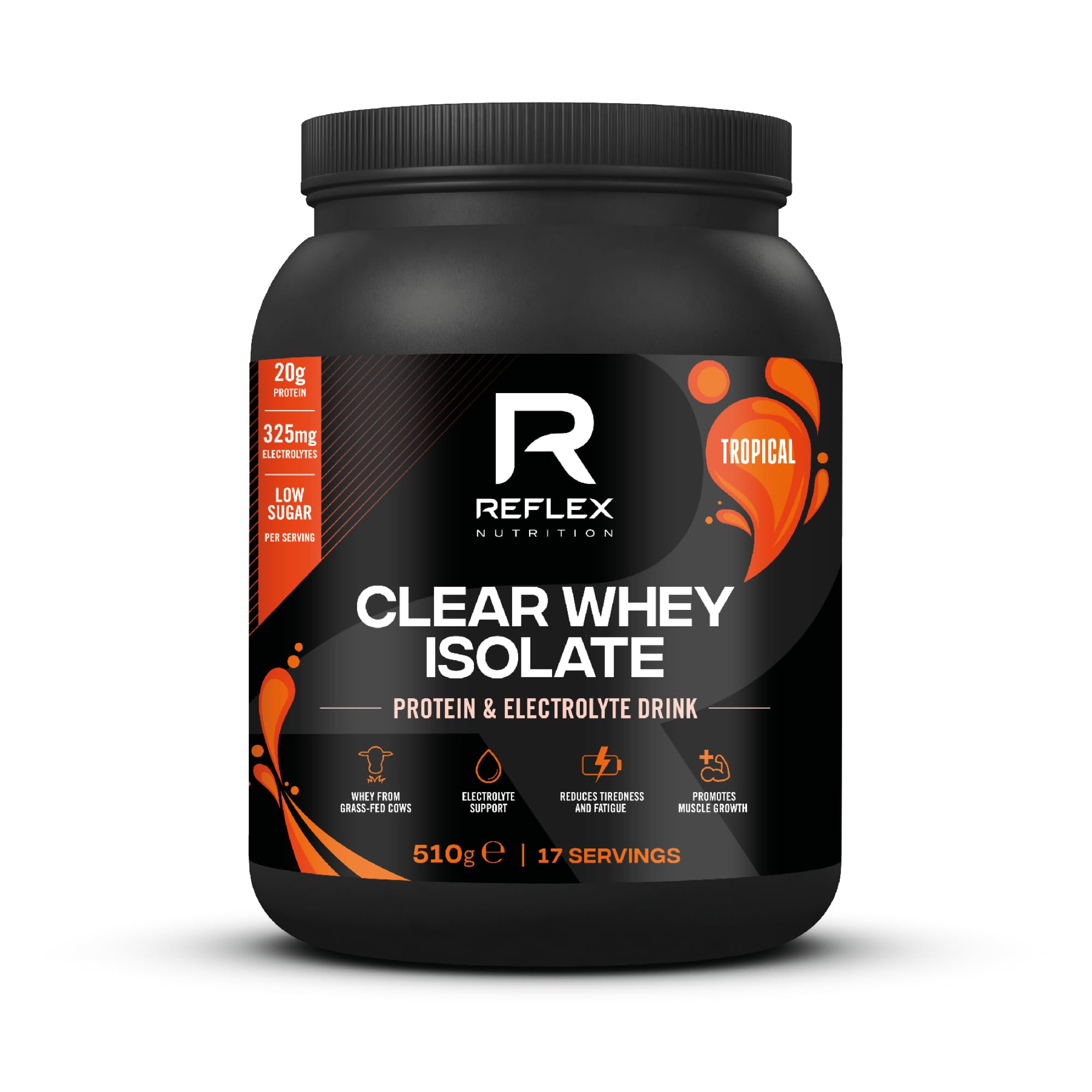 Reflex Nutrition Clear Whey Isolate Protein Powder - 20g of Protein, Low Sugar, Low Fat - Muscle Growth & Hydration - Light and Refreshing - Fruit Juice Style Flavours (Tropical, 510g, 17 Servings)