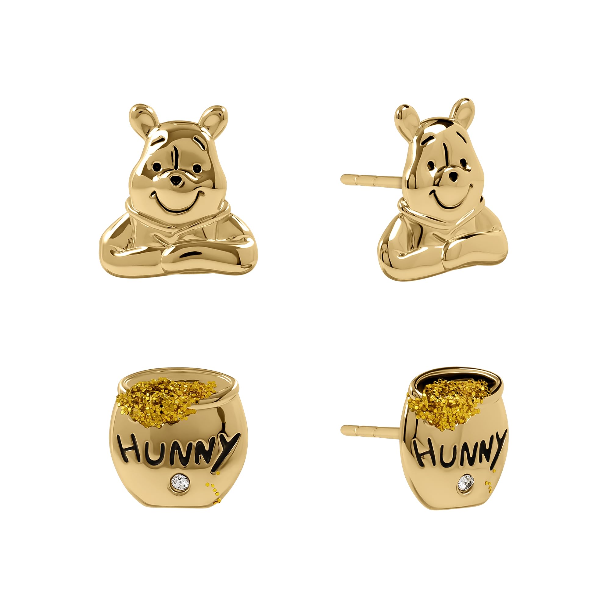 Disney Ensemble de boucles d'oreilles à tige Winnie l'ourson plaqué or et pot Hunny avec cristaux pour filles