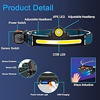 Vista 3 de Linterna frontal recargable linterna LED para campamento correr pesca caza impermeable con 6 modos de luz y sensor de movimiento 1000 lúmenes y 270