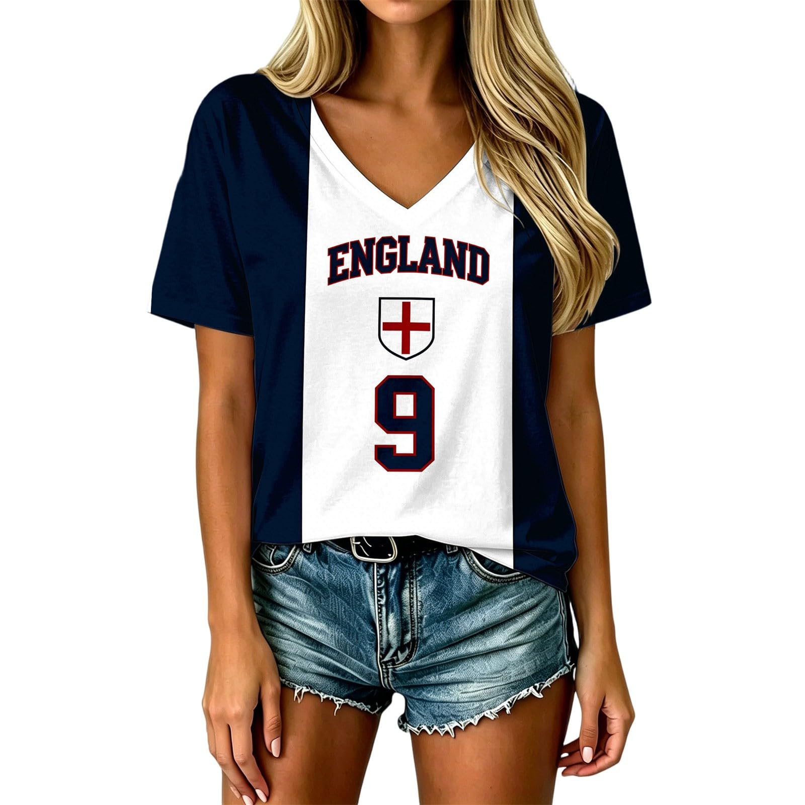 HOOUDO Womens England Football Shirt World Cup 2026 Short Sleeve Jersey Retro Graphic Printed V Neck Training Tops Breathable Lightweight Ladies Soccer T-Shirt Athletic Shirts