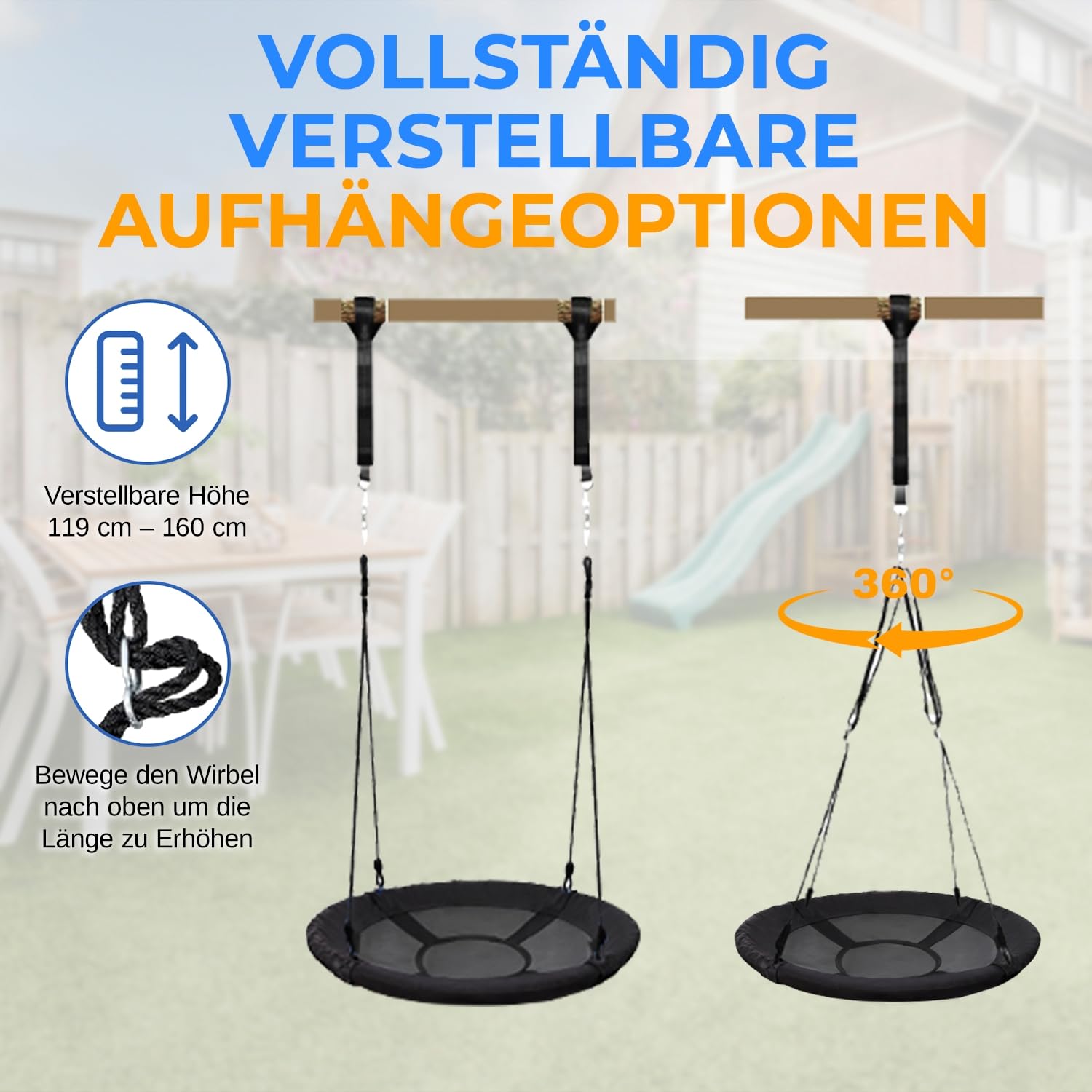 SereneLife Nestschaukel Indoor Outdoor, 100 cm Kinder Schaukel, bis 270 kg belastbar, Baumschaukel für Garten, Kinder & Erwachsene, Schwarz