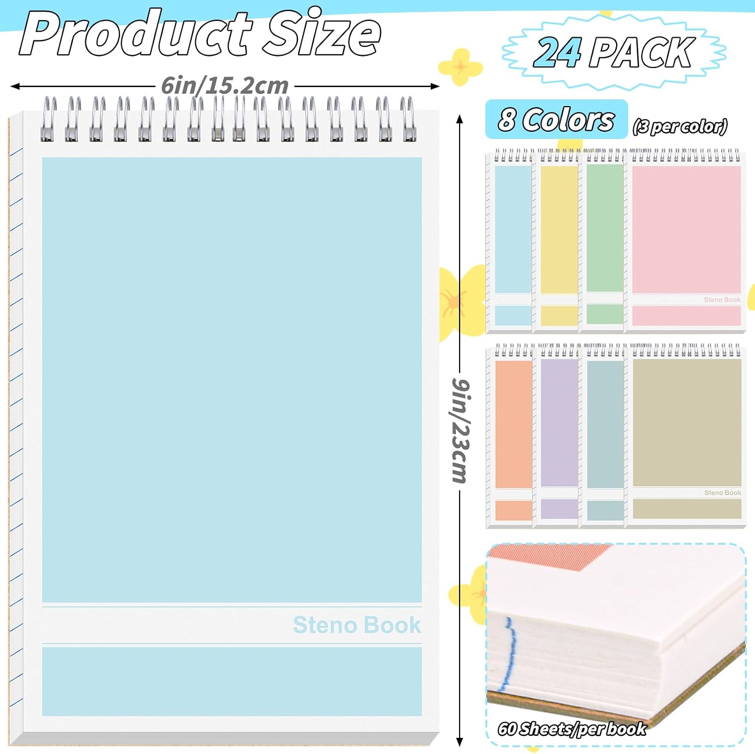 24 Pack Steno Pads 6 x 9 in Spiral Top Notebook Bulk 8 Assorted Color Note Pad 60 Sheets Gregg Rule Writing Paper Steno Notebooks for Students Teachers Men Women Professionals Office School Recording