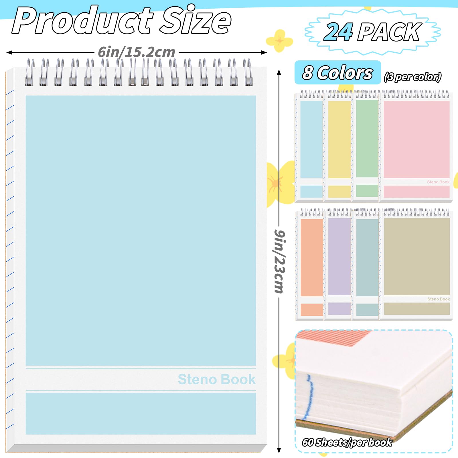 Lot de 24 carnets Steno de 15,2 x 22,9 cm avec dessus à spirale en vrac, 8 couleurs assorties, 60 feuilles de papier à lettre Gregg Rule pour étudiants, enseignants, hommes, femmes, professionnels