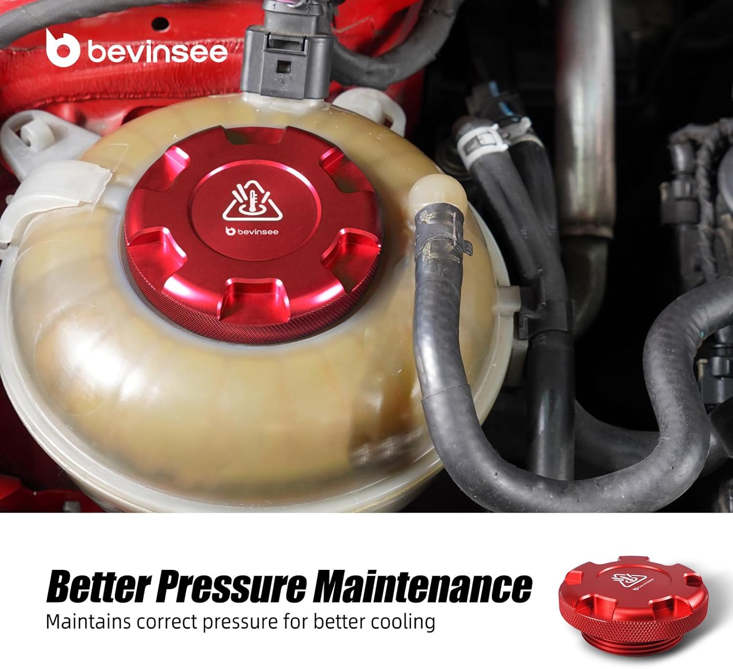 Bevinsee Expansion Tank Cooling Reservoir Cap Cover Compatible with S3 8V 2013-2020 8Y 2020-2024 Compatible with VW Golf 7 2013-2020 Replacement 3C0121321 2Q0121321 5Q0121321 Aluminum Red