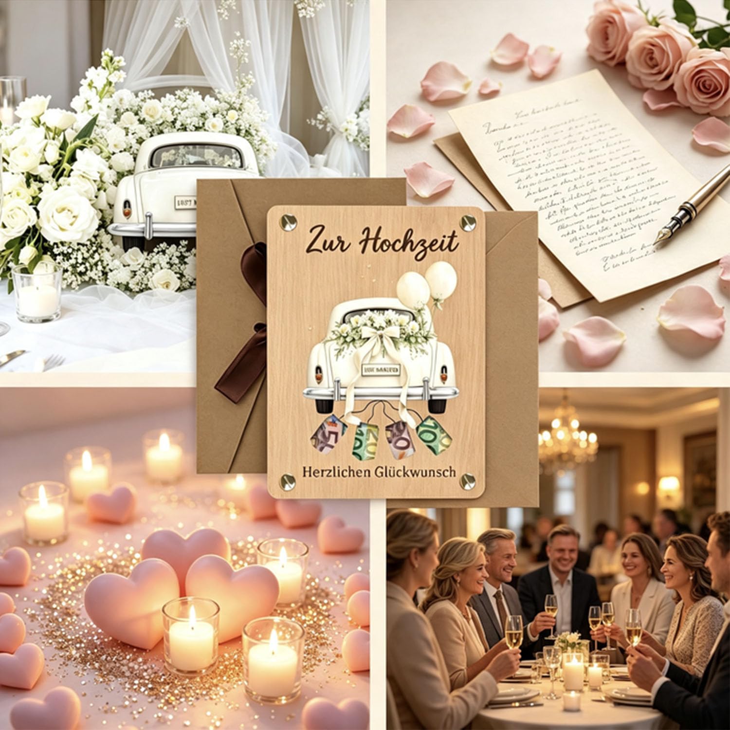13 x 10 cm Biglietto Auguri In Legno, idealny na gratulacje ślubne | Ozdoba samochodu dla nowożeńców z drewnianą kopertą, romantyczny styl i pełna miłości