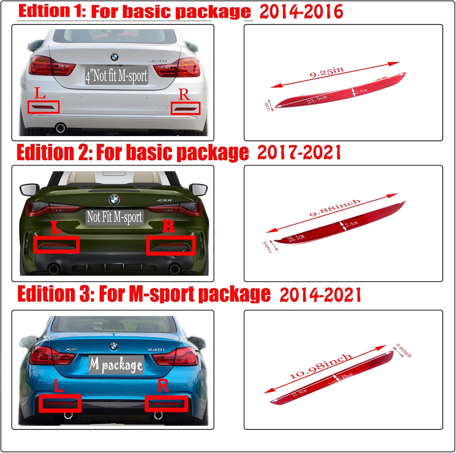 Rear Reflector for 13-20 BMW 4 Series M Sport F32 F33 F36 Fit 428i 430i 435i 440i 430d 425d 2014 2015 2016 2017 2018 2019 2020 Bumper Left Right Driver Side 63147847233 63147847234 (Pair)