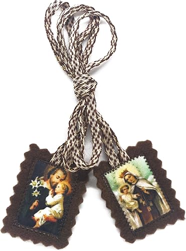 Escapulario Católico Marrón Lana Rectangular Icono Hecho A Mano San José con Nuestra Señora Monte Carmelo por Zaraleas (1.2 in x 1.4 in)