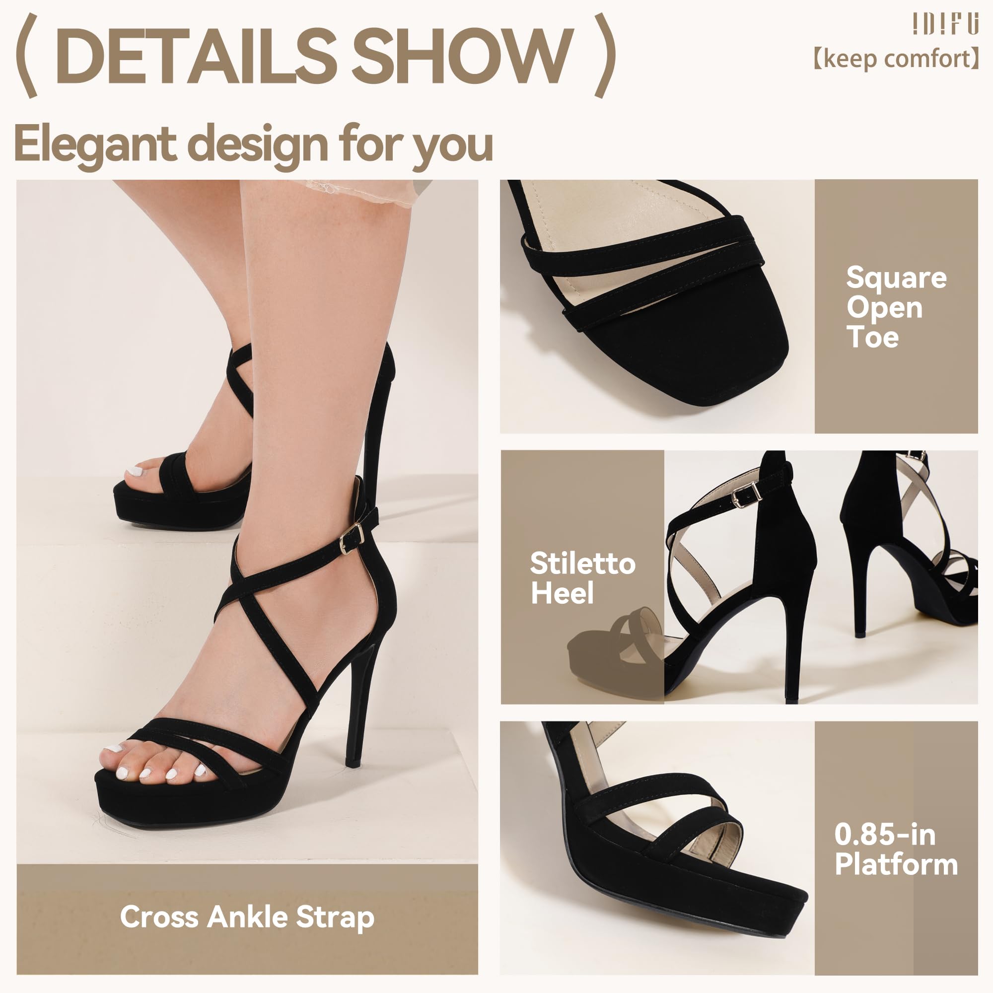 IDIFU IN4 Platform High Heels for Women Strappy Heeled Sandals Square Toe Heels Stiletto Heels Women's Wedding Party Bridal Sexy Dress Shoes Open Toe Heels: 6.5 Black Nubuck
