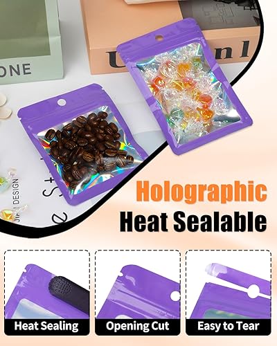Miniatura 4 de Bolsas resellables de embalaje holográficas, 300 unidades, color morado con ventana transparente para almacenamiento de alimentos, pequeñas empresas