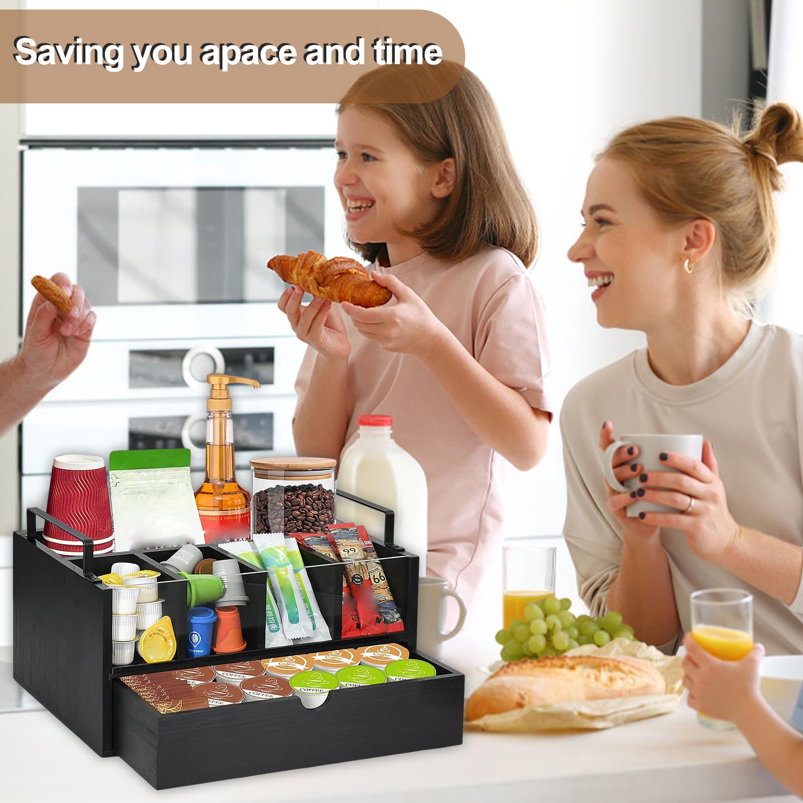 Organizador de Café y Té, Organizador de Barra de Café con 5 Compartimentos y 1 Cajón dispensador capsulas, Caja de Madera para Accesorios de Cafetera, Estación de Cafe de Escritorio (Negro)