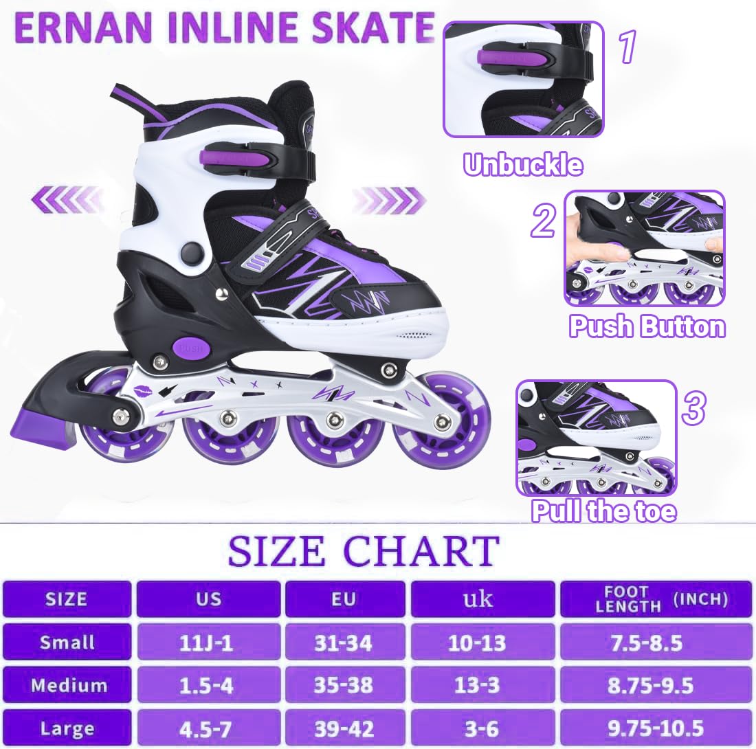 ERNAN Patins à roues alignées, réglables et lumineux, pour garçons et filles, patins à roulettes pour enfants, jeunes, débutants - 3