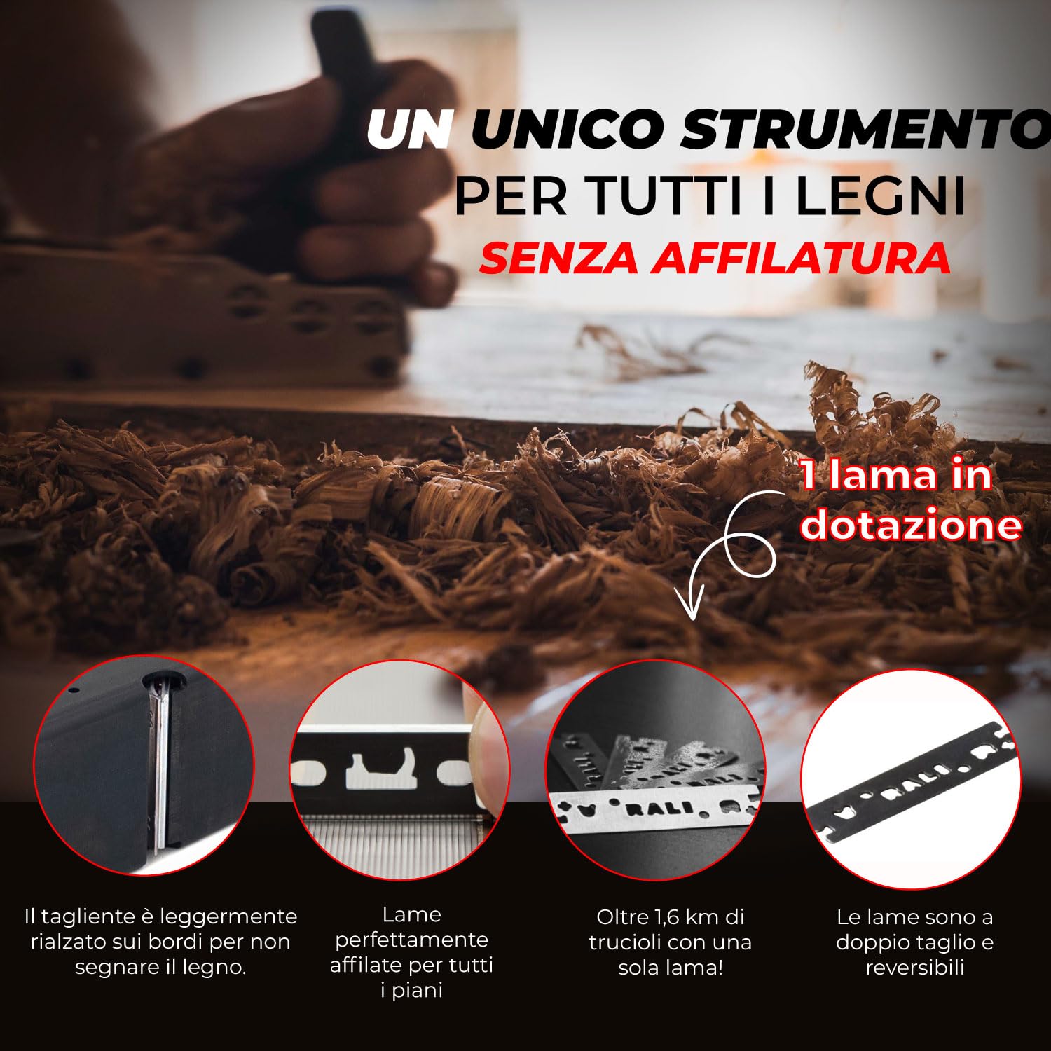 RALI 105 Piallatrice Manuale Monoblocco per Lavorazione del Legno | Piallatrice per Legno con Doppio Taglio Reversibile, Nessuna affilatura necessaria and Regolazioni ultra-facili