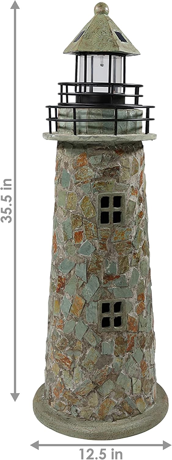 Sunnydaze 35-Inch Outdoor Lighthouse Lamp - Solar Lighthouse Decor with LED Light for Garden, Yard, Patio - Decorative Cobblestone