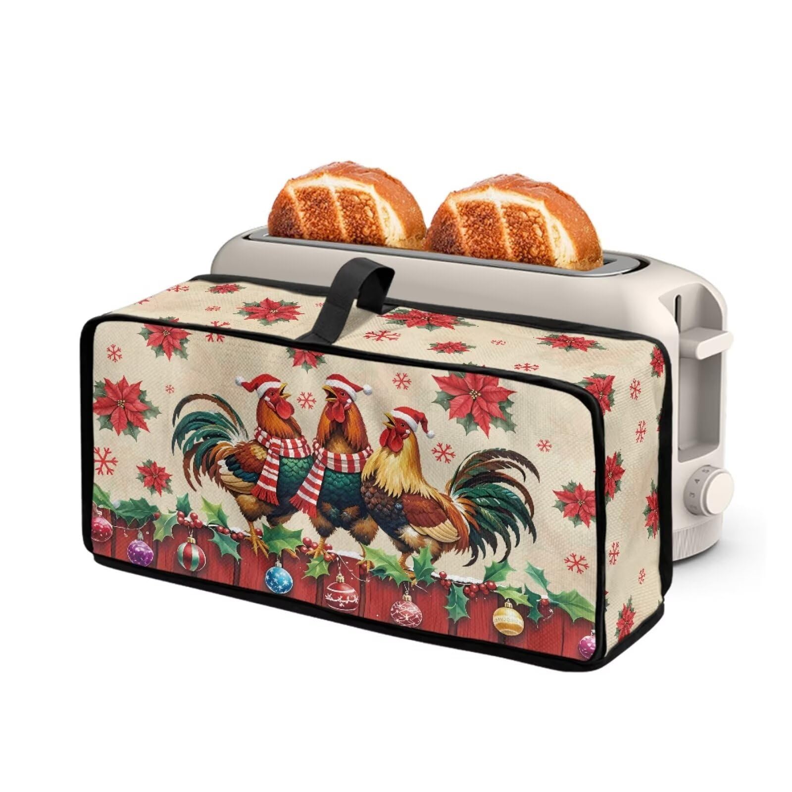 Toaster Cover Universal Fit 2 Slice Long Slot Toaster Kitchen Small Appliance Dust-proof Protection Thin Bread Maker Oven Dust Cover with Top Handle Christmas Rooster