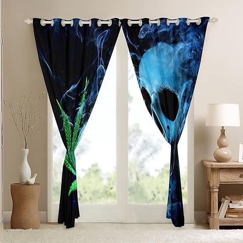 Miniatura 5 de Cortinas de hojas de marihuana, decoración de huesos de calavera de cannabis, cortinas de ventana para dormitorio, sala de estar, niños, funda de