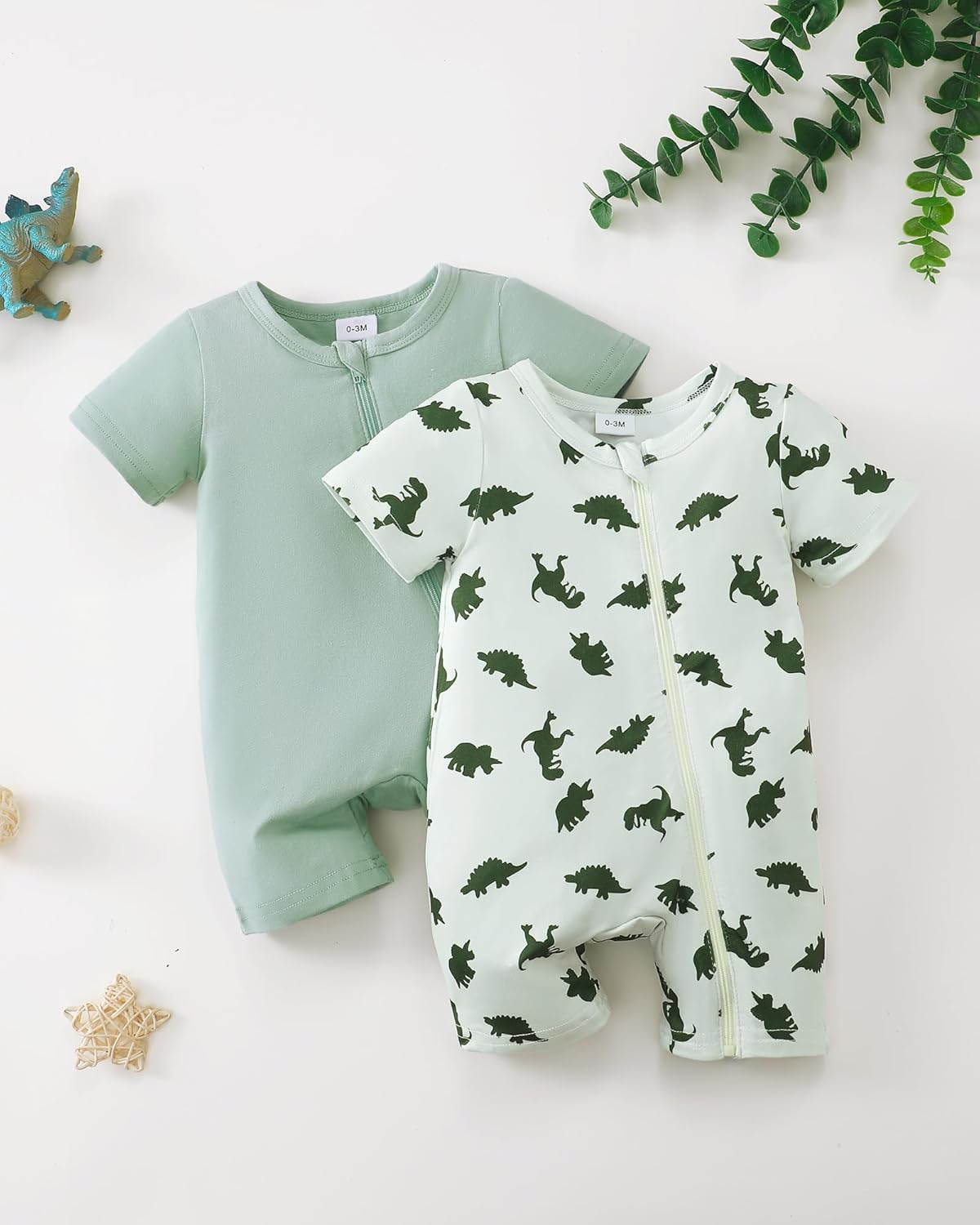 Newborn Baby Boy Clothes Summer Infant Boy Outfits Dinosaur Short Sleeve Zipper Rompers Jumpsuits Bodysuit 2 Pack - Image 5