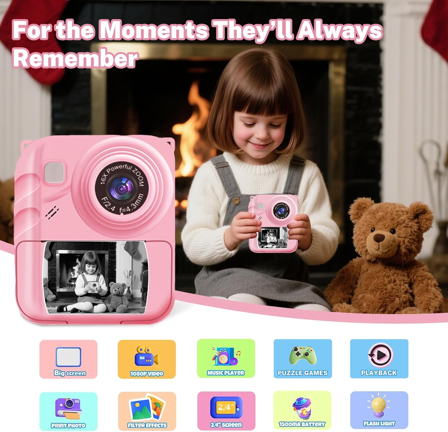 Instant Print Camera for Kids, 1080P Video Camera with 3 Print Rolls, 32GB Card & Cute Cover, Gift for Girls Boys Age 3-12, Toddler Digital Camera with Games, Filters, Music – Pink - Image 2