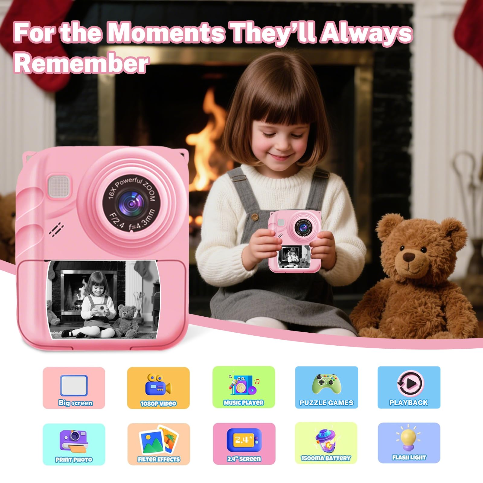 Cámara infantil para niños de 3 a 8 años, videocámara para niños con bonita cubierta y tarjeta SD de 32 GB para niñas y niños (rosa)