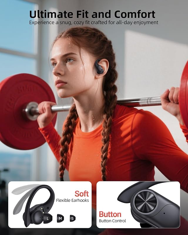 PocBuds Bluetooth Headphones Wireless Earbuds 80hrs Playtime Wireless Charging Case Digital Display Sports Ear Buds with Earhook Deep Bass IPX7 Waterproof Over-Ear Earphones for TV Phone Laptop Black image 6