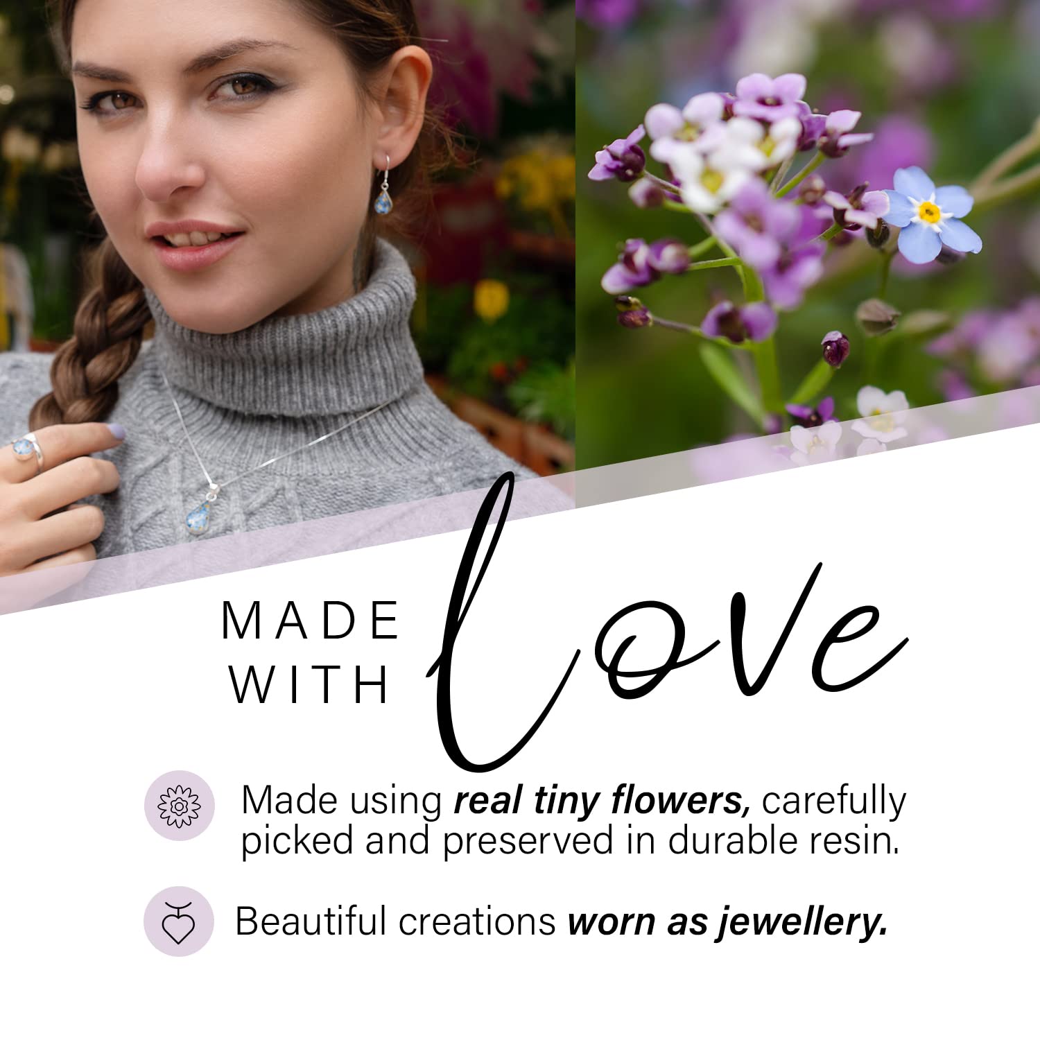 Shrieking Violet® - Collana con fiori veri e propri in argento Sterling con pendente a goccia con fiori viola