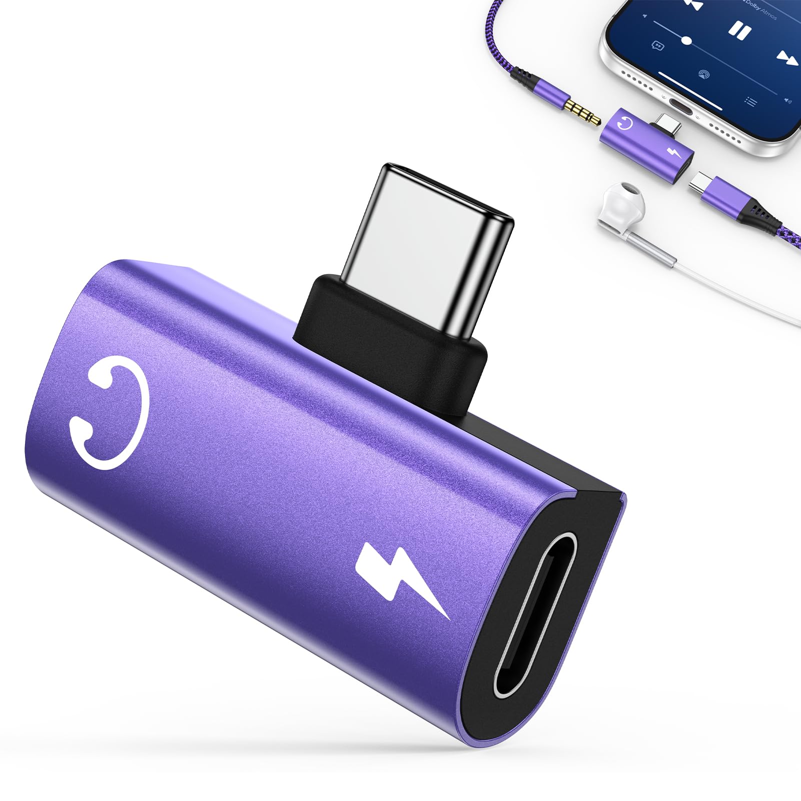 Type C to 3.5mm 変換アダプタ 2in1 タイプC イヤホン変換アダプタ 【PD 60W急速充電しながらイヤホンタイプc】 USB-C to 3.5mm Type-C 変換 音量調整 24bit/96khz搭載 DACチップ内蔵 iPhone17/16/15シリーズ Pad/Android/Pixel/Galaxy S26など (パープル)