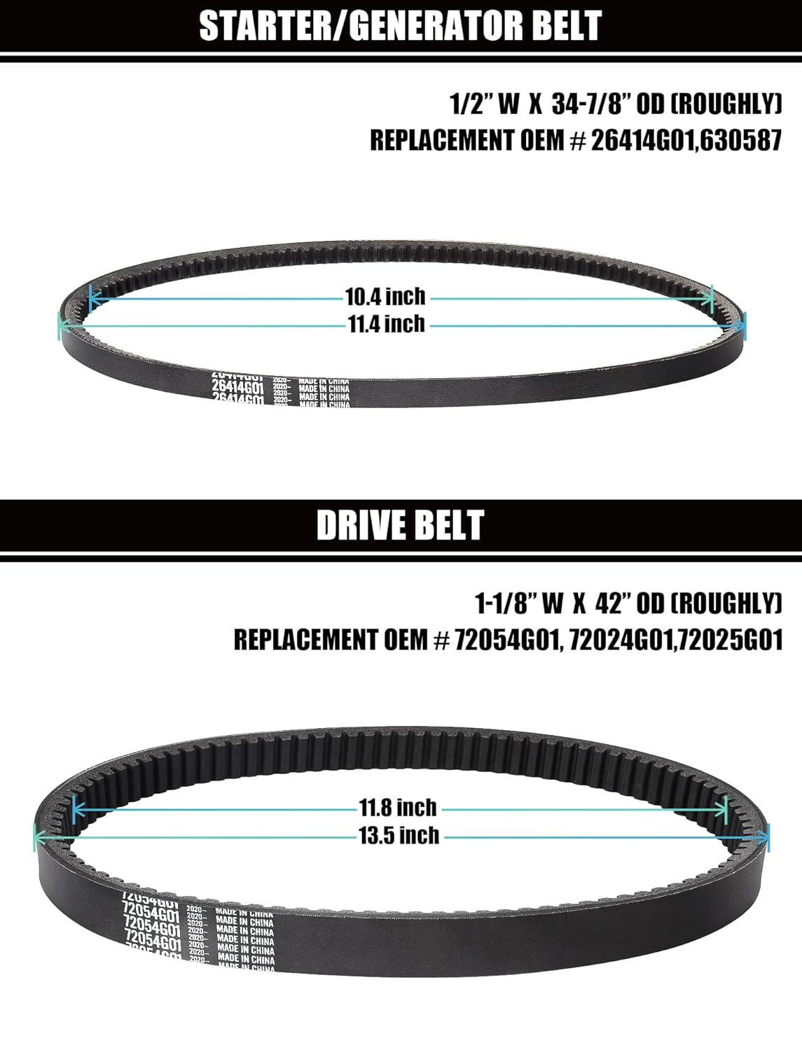 EZGO Drive Belt & Starter Generator Belt Kits, Fits 4 Cycle 1994-up EZGO TXT/Medalist Gas Golf Cart, OEM# 72054G01, 72024G01, 72025G01, 26414G01