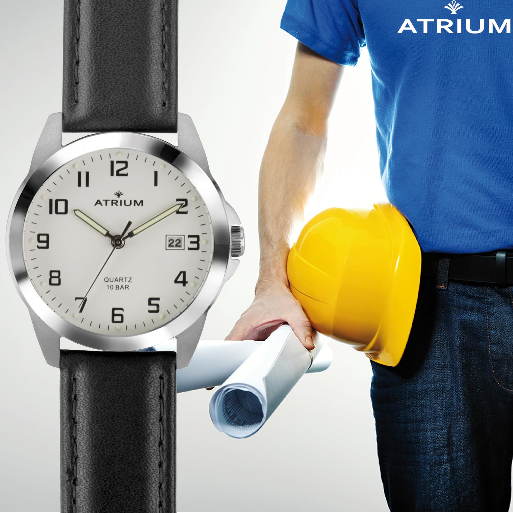 Atrium Herren-Armbanduhr Edelstahl Analog Quarz 10 bar mit Datum, Leuchtzeiger, sehr deutliches Zifferblatt Weiß und Lederband schwarz A16-10