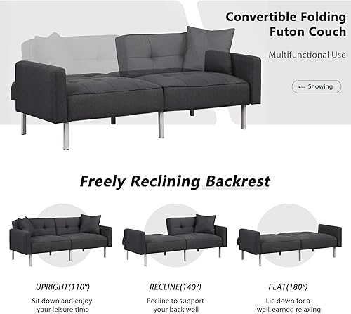 Miniatura 69 de Moderno sofá biplaza de terciopelo de 59 pulgadas con 2 bolsillos, sofá cama convertible tapizado con respaldo múltiple ajustable, sofá futón con