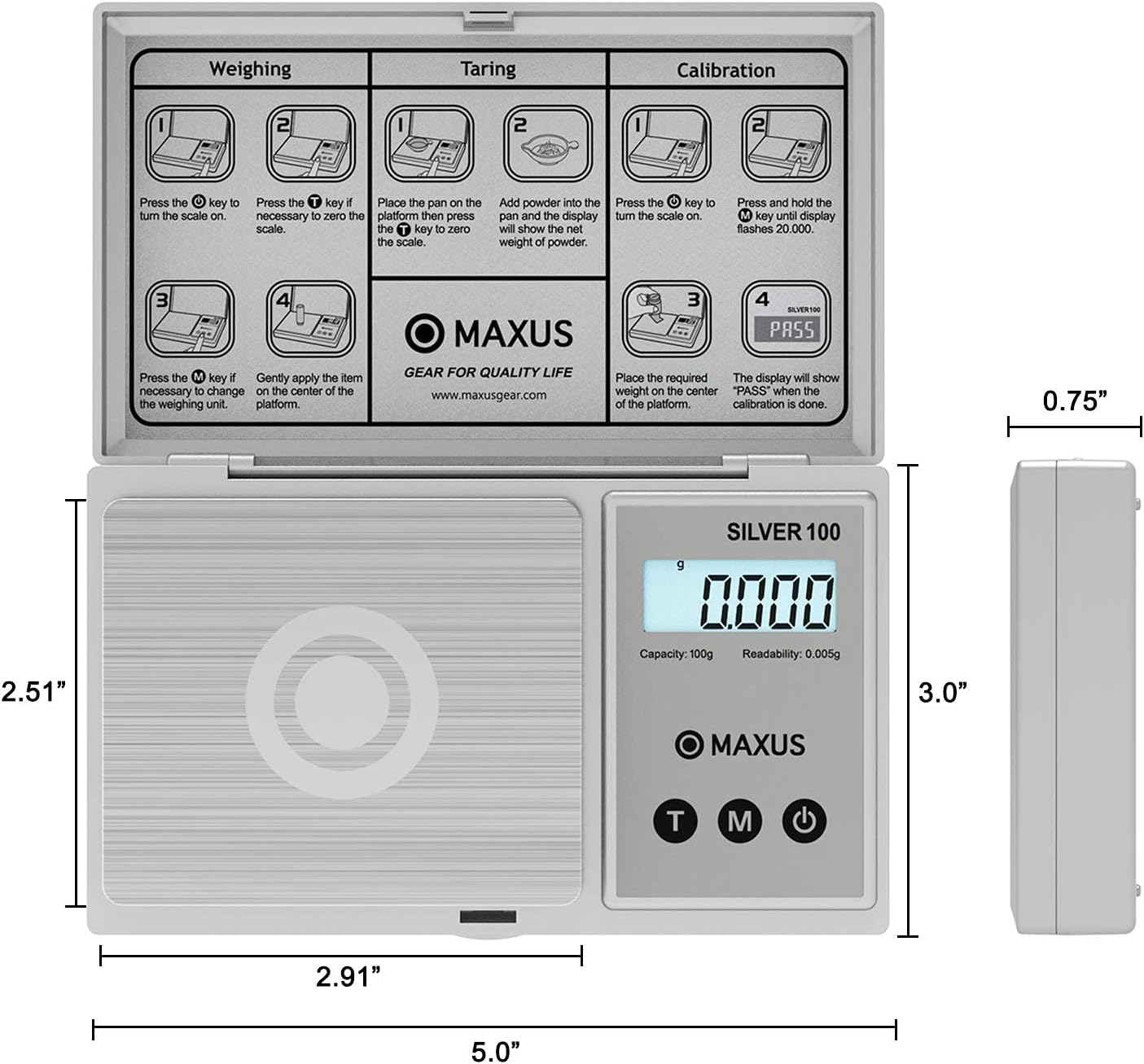MAXUS Digital Reloading Scale 1500 Grains x 0.1 gn Includes Calibration Weight, Weighing Tray and a Handy Powder Scoop, 100g x 0.005g Gram Scale, Grain Scale, Pocket Scale, Arrow Scale, Archery Scale